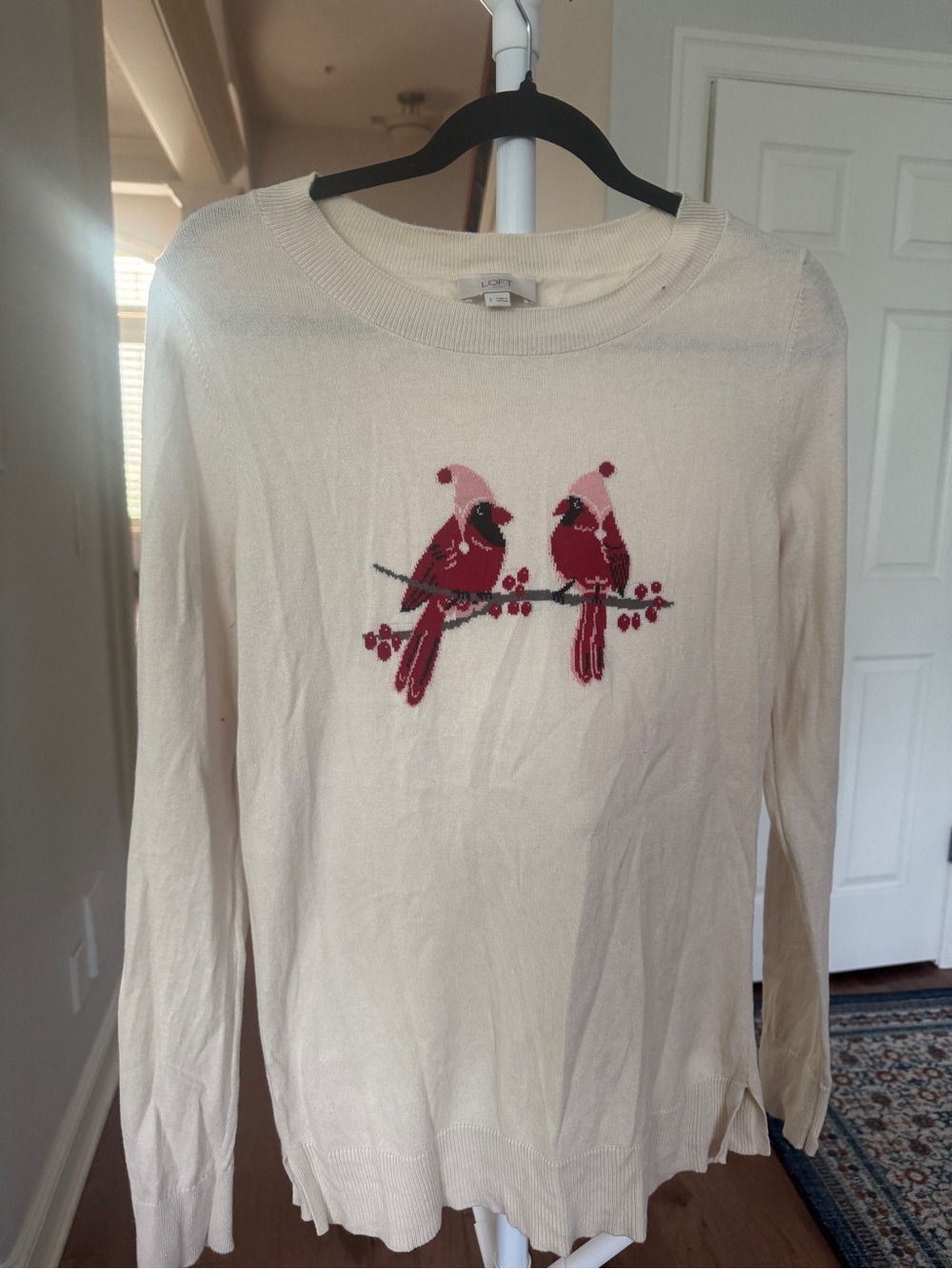 LOFT Cream Crewneck Sweater with Red Cardinal Pair